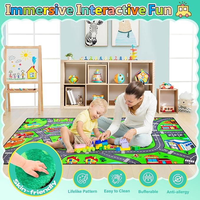 Road Car Rug,City Road Rug for Kids,5x7 Ft Kids Floor Play mat,and Car Carpet Play Mat with Realistic Colors – Perfect for Children and Non-Slip for Classroom,Playroom and Bedroom-Ruum Studio Home