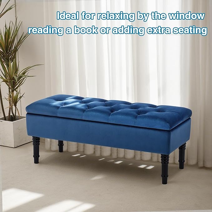 Ottoman with Storage Velvet Storage Bench Holds Up to 500 lbs Ottomans Upholstered Bench with Seating for Bedroom, Living Room, Blue-Ruum Studio Home