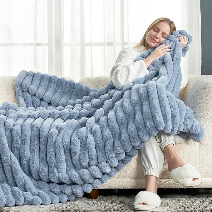 Cozy Bliss Faux Fur Throw Blanket for Couch, Cozy Warm Plush Striped Blanket for Sofa Bedroom Living Room,60 * 80 Inches Light Blue-Ruum Studio Home