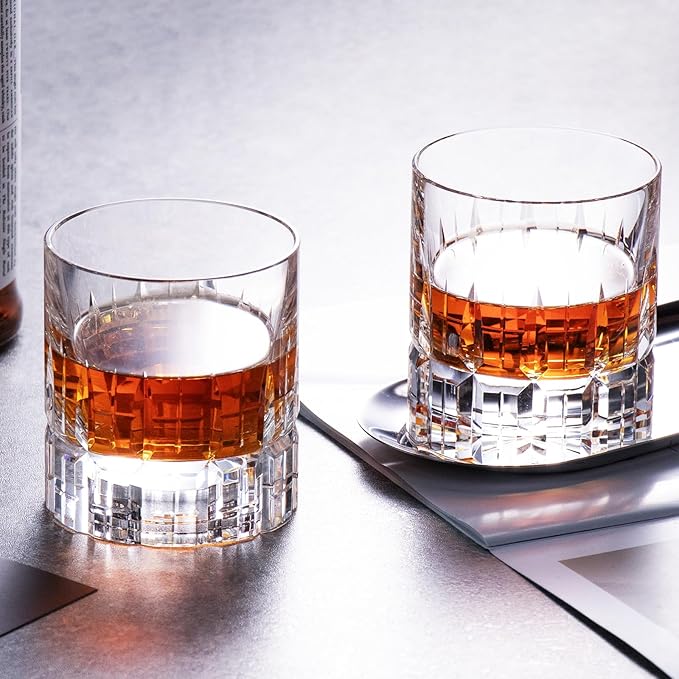 KAMMAK Crystal Whiskey Glasses Set of 2, Luxury 7.78oz Old Fashioned Glasses Stemless, Hand Blown Cocktail Glasses, Handcrafted Engraved Scotch Cup for Women, Men Gift for Bourbon Barware-Ruum Studio Home