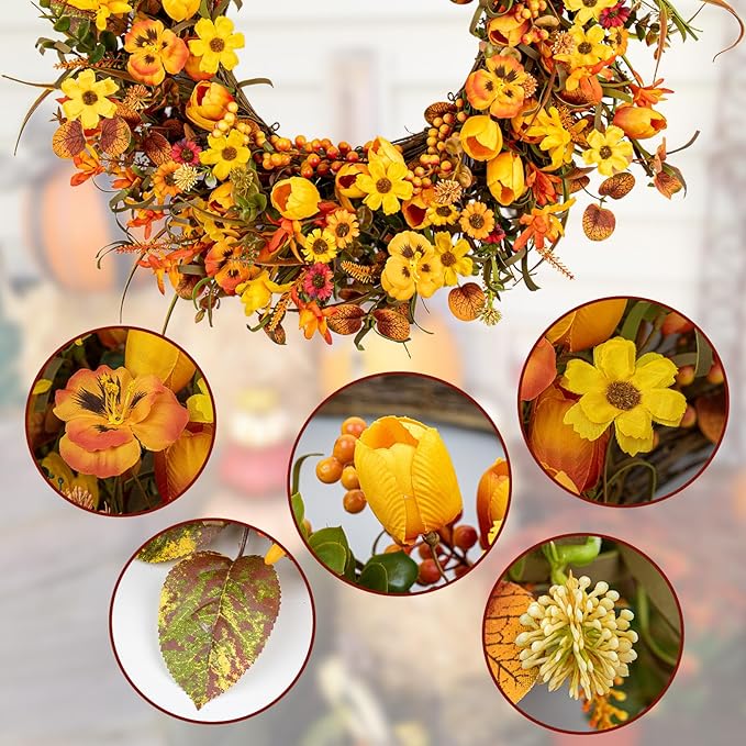 22 Inches Fall Wreaths for Front Door Rustic Autumn Wreath Farmhouse Fall Floral Wreaths with Tulips Orange Wildflowers for Wall Window Porch Indoor Outside-Ruum Studio Home