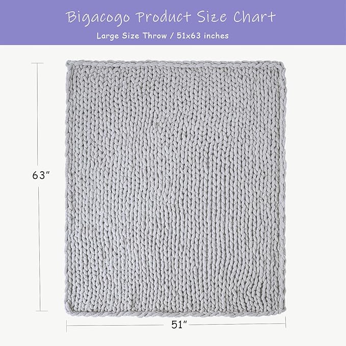 Bigacogo Chunky Knit Throw Blanket for Couch, 51x63 inches, 100% Hand Knitted with Thick Jumbo Chenille Yarn, Cozy Soft Large Rope Knot Cable Crochet Blankets for Sofa Bed Living Room, Light Grey-Ruum Studio Home