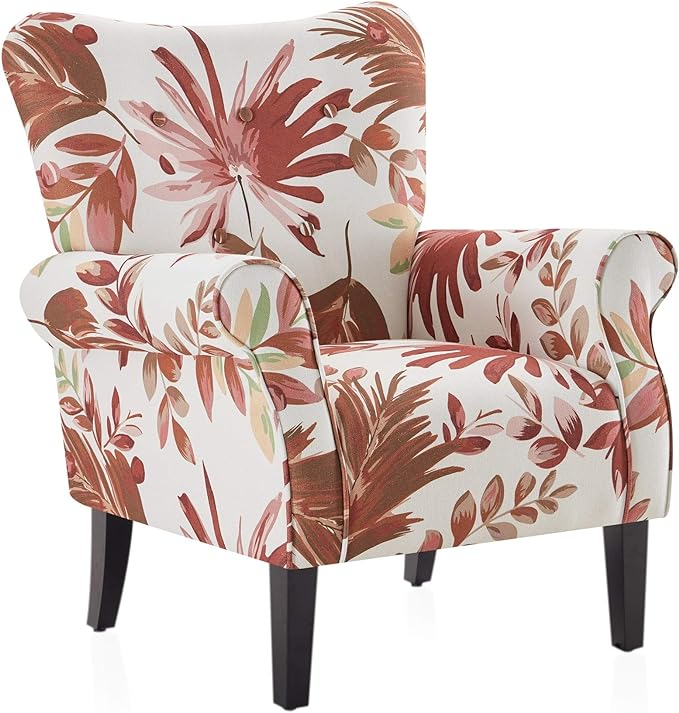 BELLEZE Modern Accent Chair for Living Room, High Back Floral Armchair with Wooden Legs, Upholstered Wingback Side Chair Padded Armrest Single Sofa for Living Room, Bedroom - Allston (Red Floral)-Ruum Studio Home