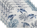Coastal Beach Placemats Set of 4 Nautical Theme Coral Sea Turtle Navy Blue Place Mat 12x18 Inch Seasonal Summer Ocean Washable Linen Fabric Table Mats for Party Kitchen Dining Decoration-Ruum Studio Home
