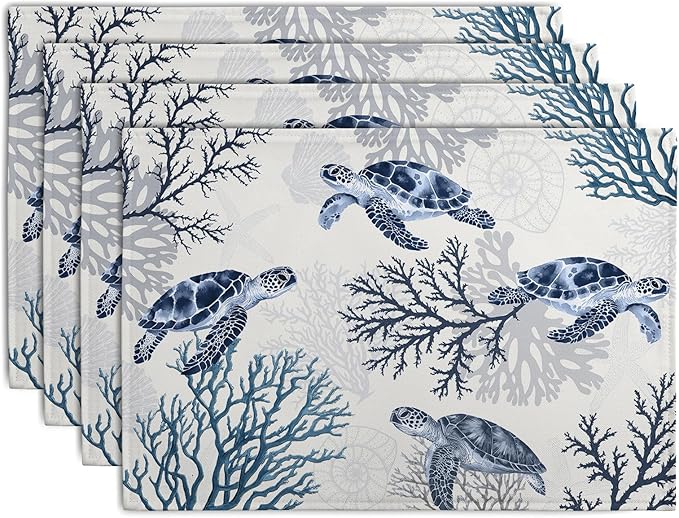Coastal Beach Placemats Set of 4 Nautical Theme Coral Sea Turtle Navy Blue Place Mat 12x18 Inch Seasonal Summer Ocean Washable Linen Fabric Table Mats for Party Kitchen Dining Decoration-Ruum Studio Home