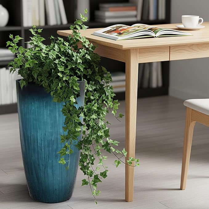 KOL 2-Pack 23.5" Plastic Planters, Gradient Blue Glossy Large Tall Plant Pots, Lightweight Decorative Flower Containers with Drainage Hole & Dual-Purpose Saucer – Indoor & Outdoor Use Front Porch-Ruum Studio Home