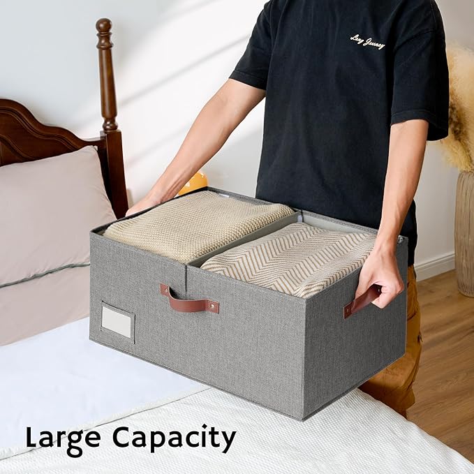 GRANNY SAYS Large Storage Bins With Lids, Decorative Boxes, Fabric Containers With Double-Open Lid and Divider, Collapsible Clothes Organizers, 63L Linen for Closet, Dark Gray-Ruum Studio Home