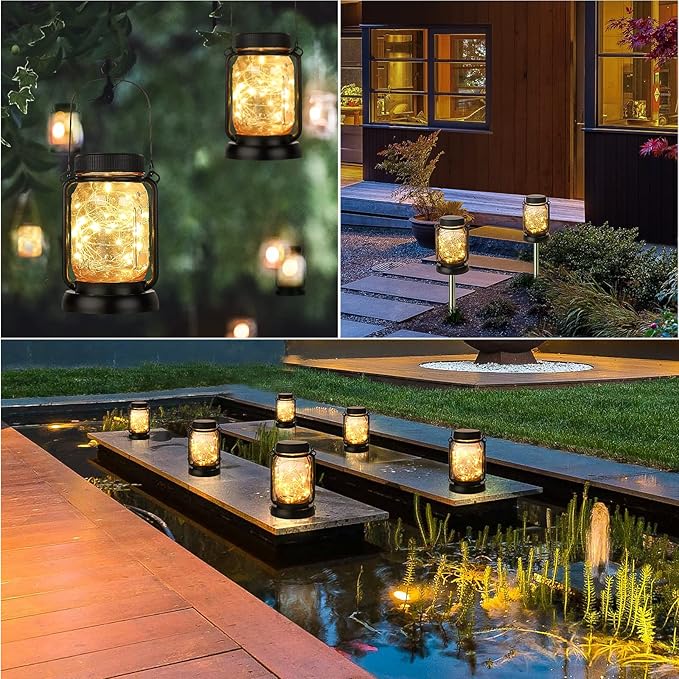 Mlambert 4 Pack Solar Hanging Lantern with Stakes, Outdoor Waterproof Solar Mason Jar Fairy String Lights Decorative Vintage Glass Lamp-Warm White-Ruum Studio Home