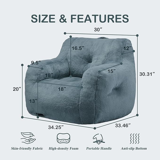 Hobestluk Bean Bag Chair for Adult Small Bean Bag Chairs with Arms Furry Beanbag Chair with Foam Filler Stuffed Bean Bag Sofa for Reading in Bedroom Living Room and Dorms (Blue Grey)-Ruum Studio Home