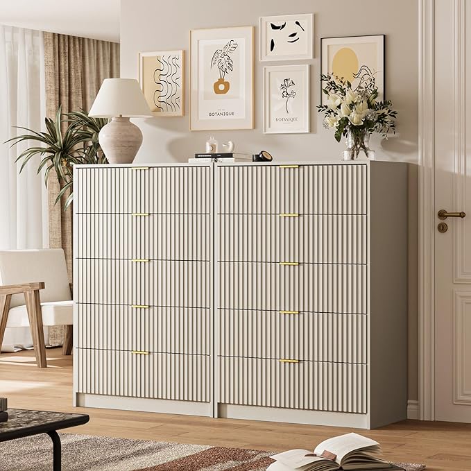 5 Drawer Dresser for Bedroom, Tall Dresser Chest of Drawers with Gold Handles, 32 Inch Wide Nightstand with for Bedroom, Living Rooms, Offices, and Entryways, Beige-Ruum Studio Home
