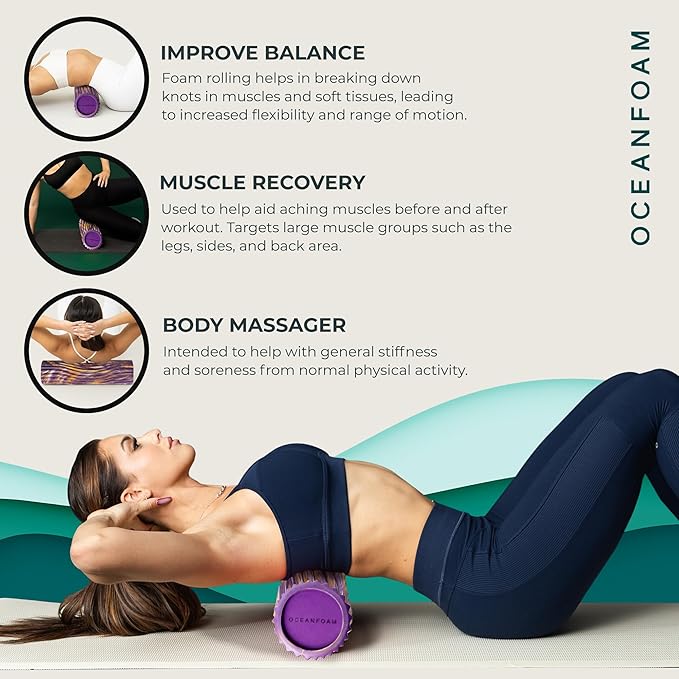 Oceanfoam Tidal Roller - Purple, Gold & Natural Marbled - Muscle Massage Foam Roller for Back Pain & Stretching - Firm & Ergonomic Wide Wave Textured - Yoga, Athletics, Wellness - Full Size, 20" x 5"-Ruum Studio Home