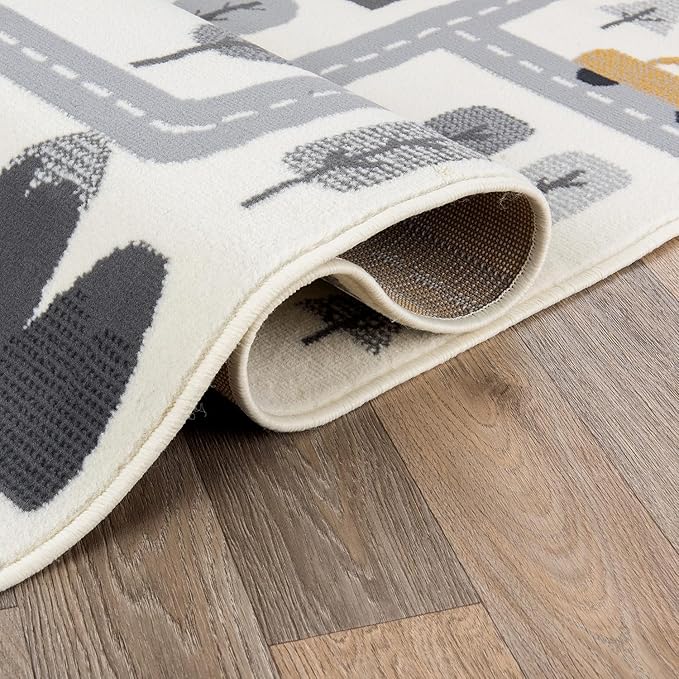 Rugshop Kids Play Road Rug for Playroom,Kidsoom,Nursery Room Interactive Cityscape for Cars and Toys Indoor Soft Runner Rug 2'x7' Cream-Ruum Studio Home