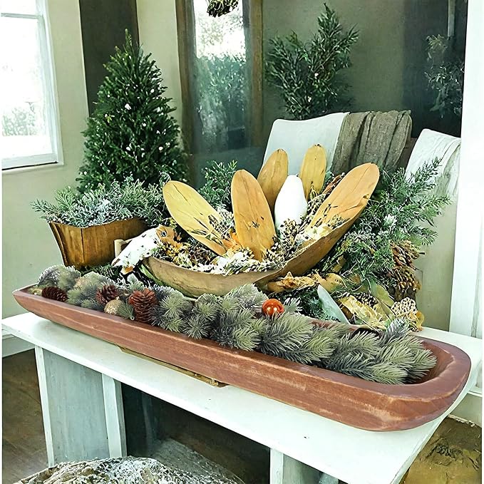 Athaliah Wooden Dough Bowl, Hand Carved Rustic Long Wood Dough Bowls for Decor, Vintage Large Wooden Bread Bowl for Table Centerpiece Dining Room Home Kitchen Decor Candles (40 Inch-Brown)-Ruum Studio Home