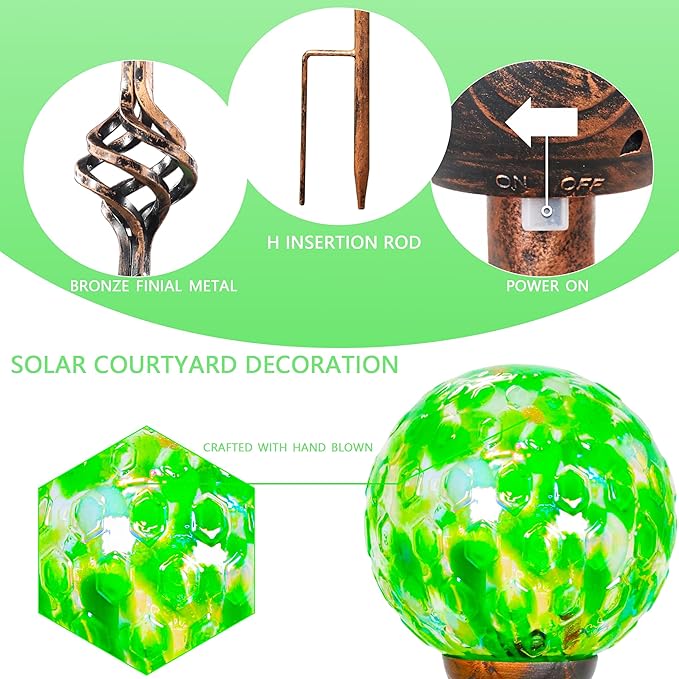 Garden Solar Lights, Decorative LED Honeycomb Glass Ball Garden Stake, Glass and Metal Outdoor Decoration, 4 x 31 Inch (Green)-Ruum Studio Home