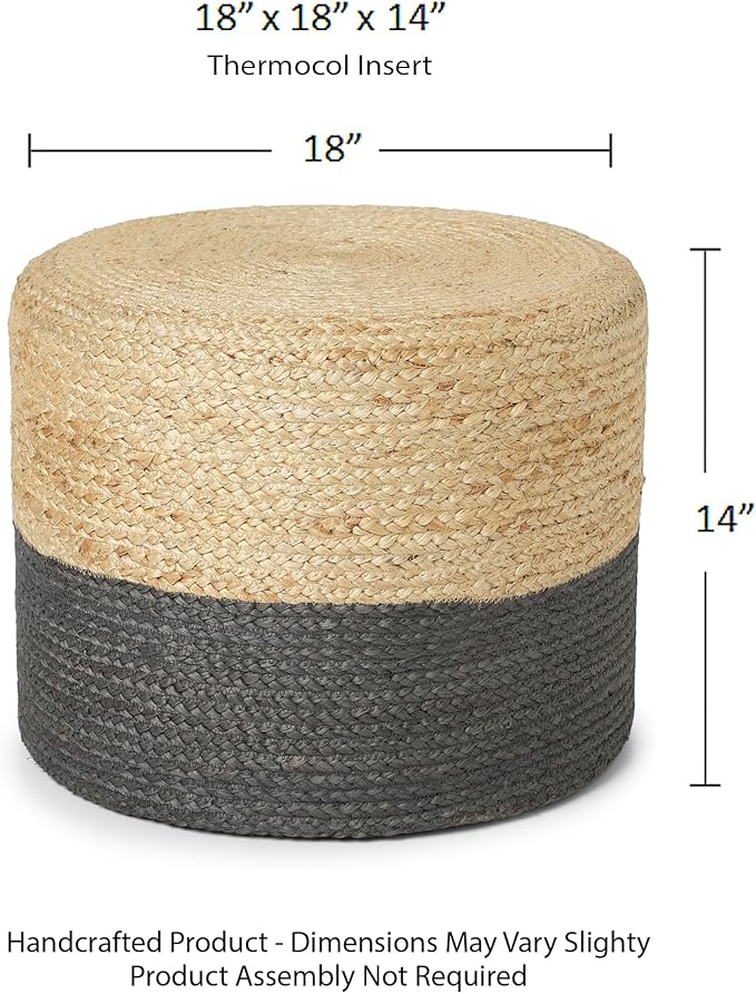 REDEARTH · Cylindrical Pouf Foot Stool Ottoman - Jute Braided Pouffe Poof Accent Sitting Footrest for Living Room, Bedroom, Nursery, Patio, Lounge & Other Rooms (Natural Gray, 18"x18"x14")-Ruum Studio Home