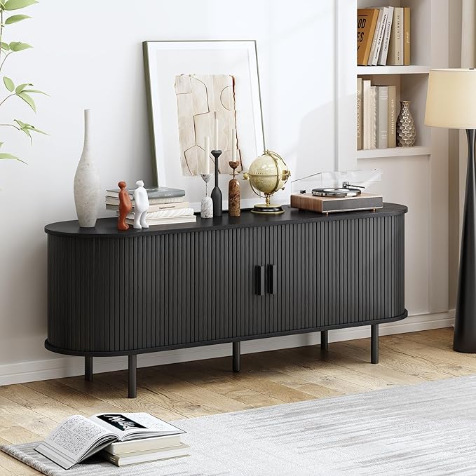 55" TV Stand with Power Outlet, Modern Media Console with Sliding Doors, Entertainment Center for TVs up to 60 Inch, Adjustable Shelves, Black-Ruum Studio Home