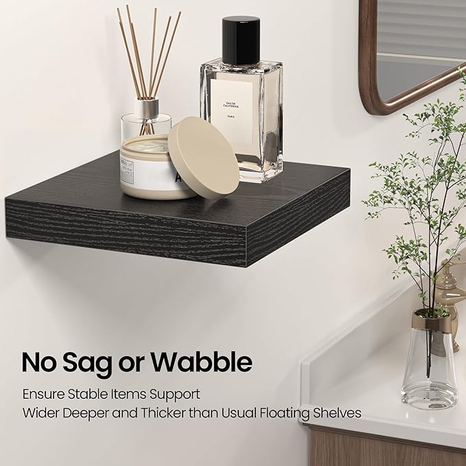 Square Floating Shelves for Wall, 12" W x 12" D x 1.2" H, Small Wooden Wall Mounted Display Shelves with Invisible Brackets for Living Room, Bedroom, Bathroom, Kitchen Decor, Set of 3, Black-Ruum Studio Home