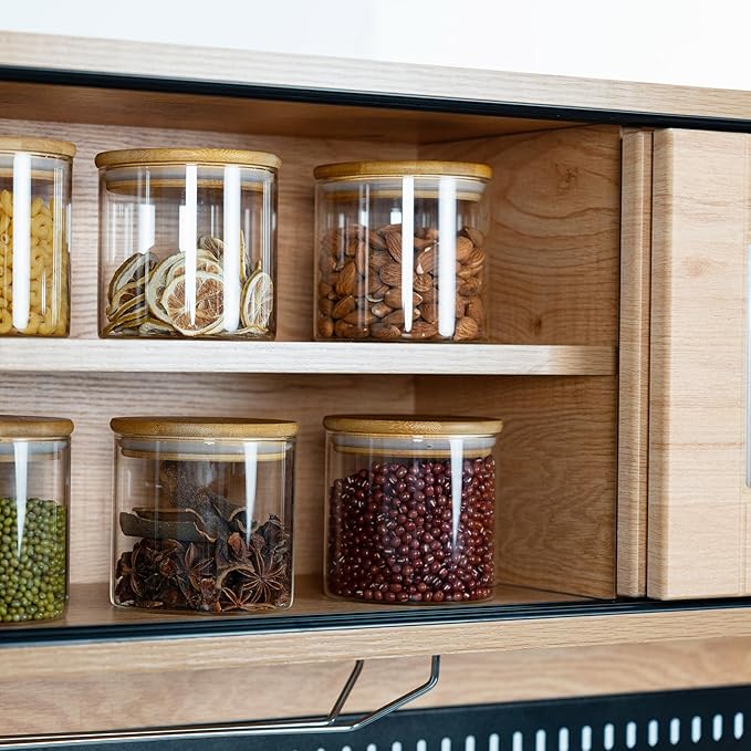 22oz Airtight Square Spice Containers with Bamboo Lid Set of 6 (650ml) Kitchen Pantry Organization Jar Stackable Spice Jar, for Sugar, Tea, Cookies and Coffee beans (‎with Black Lable)-Ruum Studio Home
