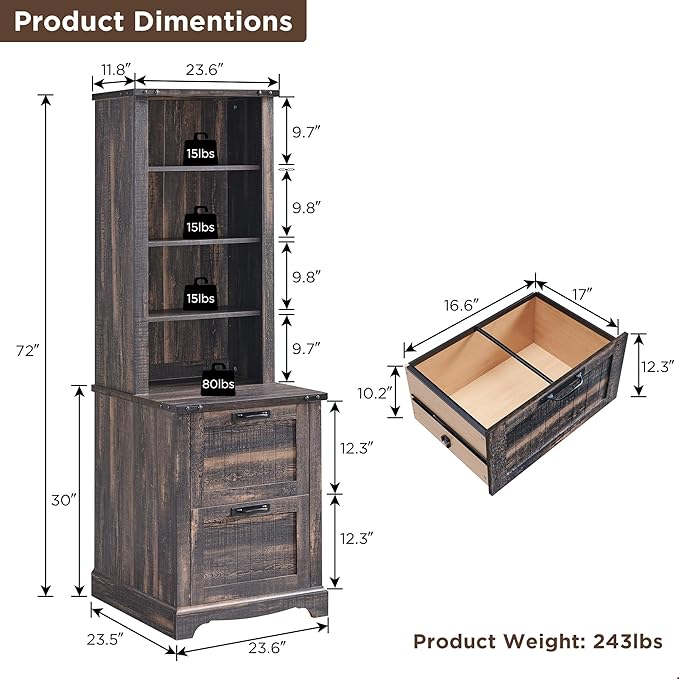 RedLemon Bookcase with 2 File Drawers, 72" Tall Farmhouse Bookshelf with Storage and Adjustable Shelves, 4 Tier Rustic Wood Bookshelf with Cabinet for Home Office, Living Room (Dark Rustic Oak)-Ruum Studio Home