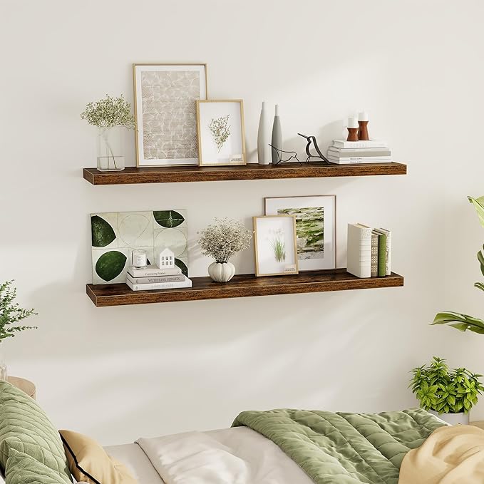Fun Memories 55 Inch Floating Shelves for Wall 2 Pack Shelves for Bedroom|Kitchen|Bathroom 55 x 9.3 Inch Wood Floating Shelf with Invisible Brackets for Books|Storage|Decor, Rustic Brown-Ruum Studio Home