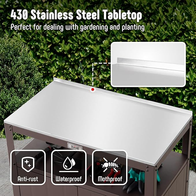 Garden Potting Bench with Storage Cabinet,Outdoor Gardening Table & Work Bench for Plants, Horticulture,Outdoor Workstation with Stainless Steel Tabletop,Outdoor Work Table-Ruum Studio Home