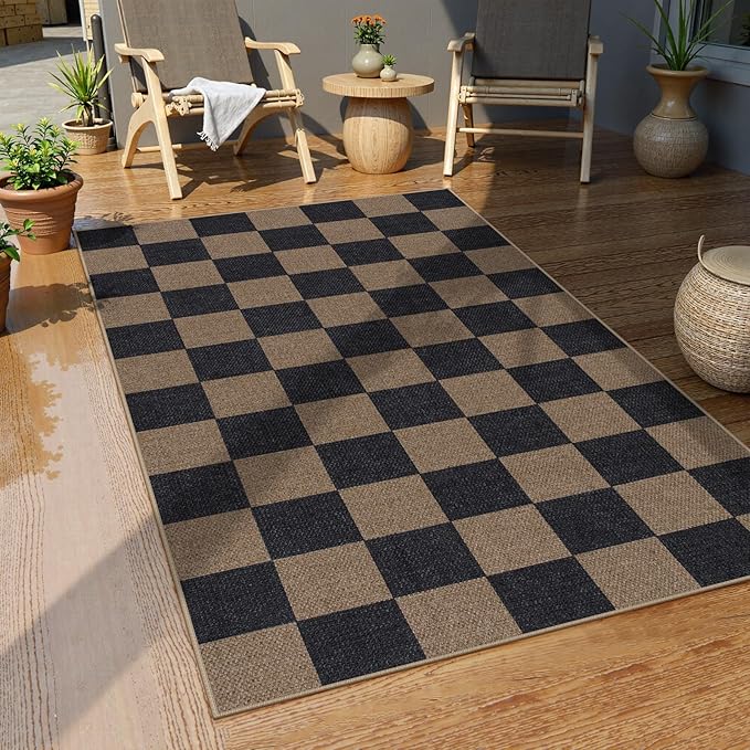 Lahome Checkered Easy Jute 3x5 Rug, Washable Rugs for Living Room Entryway Farmhouse Non Slip Black Outdoor Carpet, Checkerboard Indoor Door Mat for Entry Patio Deck-Ruum Studio Home