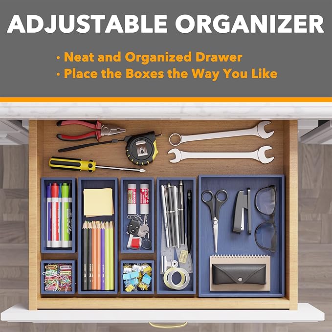 SpaceAid 7-Piece Bamboo Drawer Organizer Storage Boxes Set, Wood Tray Junk Drawer Organizers Multi-Use Divider Bins for Kitchen, Bathroom, Office Desk and Makeup Organization (7 Pack, Navy Blue)-Ruum Studio Home