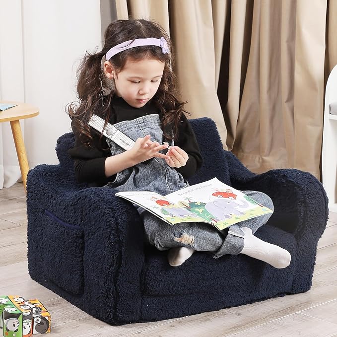 Kids Chairs for Toddler, 2-in-1 Toddler Soft Sherpa Couch Fold Out, Convertible Sofa to Lounger for Girls and Boys, Dark Blue-Ruum Studio Home
