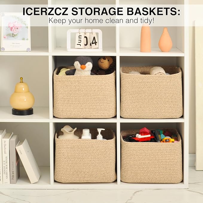 Storage Baskets for Organizing & Shelves, Woven Cotton Rope Organization Bins for Dog Toys, Clothes, Books, Nursery Organizer, 15" Lx11''Wx9.5''H, (4 Packs) Brown-Ruum Studio Home