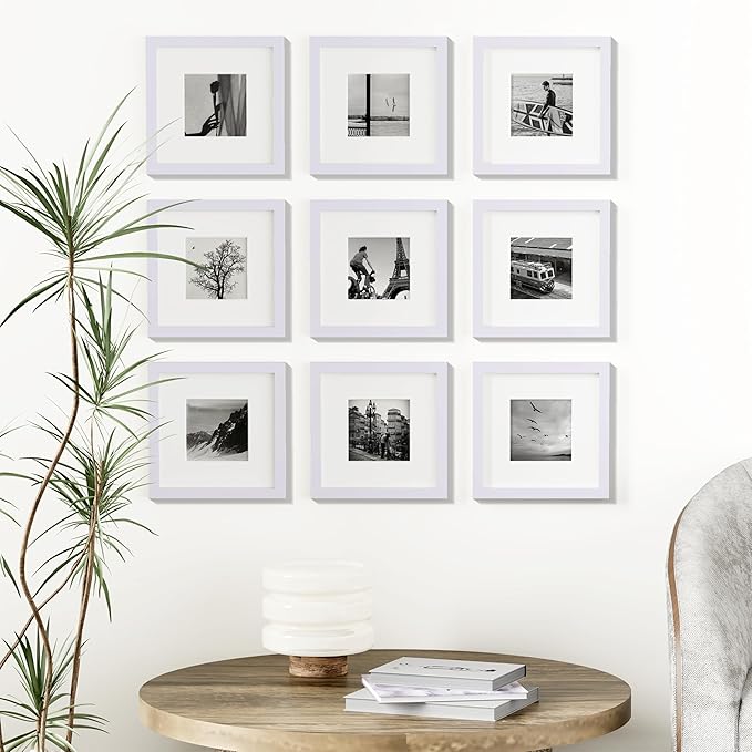 Vittanly 8x8 Picture Frames Set of 9, Shatter Resistant Plexiglass, Display 4x4 Pictures with Mat or 8x8 without Mat, Photo Frames for Wall Mount, Engineered Wood, White-Ruum Studio Home
