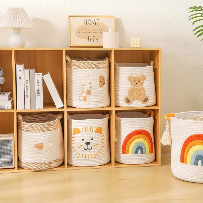 INough Toy Storage Baskets Woven Cotton Rope Storage Basket Kids Blanket Baskets for Living Room, Toys Organizer with Embroidery Colorful Rainbow Decor, Baby Basket for Laundry Nursery (Boho Rainbow)-Ruum Studio Home