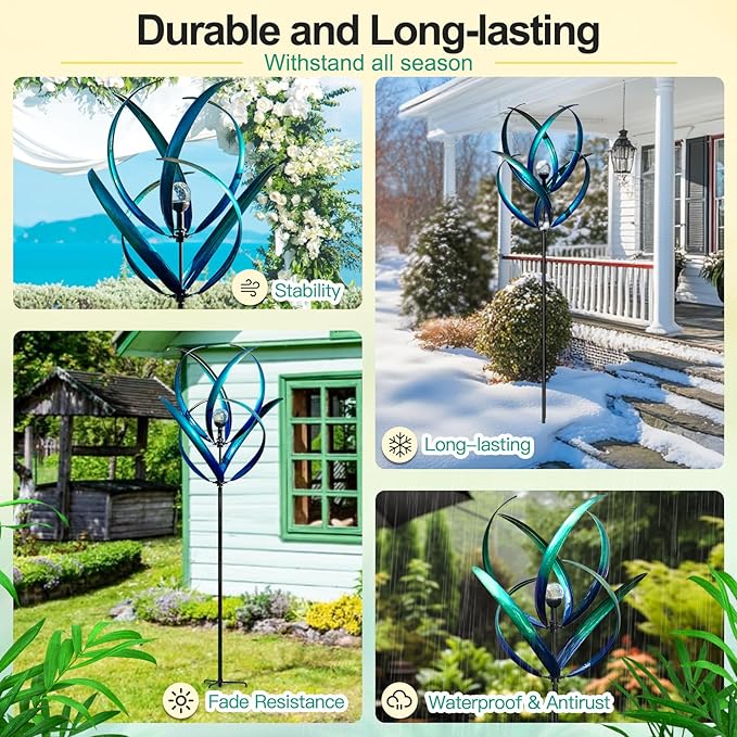 Outdoor Wind Spinners with Solar Light, 82'' Metal Large Spinner Yard Art, Peacock Blue Wind Sculptures for Garden Lawn Patio, Gifts for Family-Ruum Studio Home