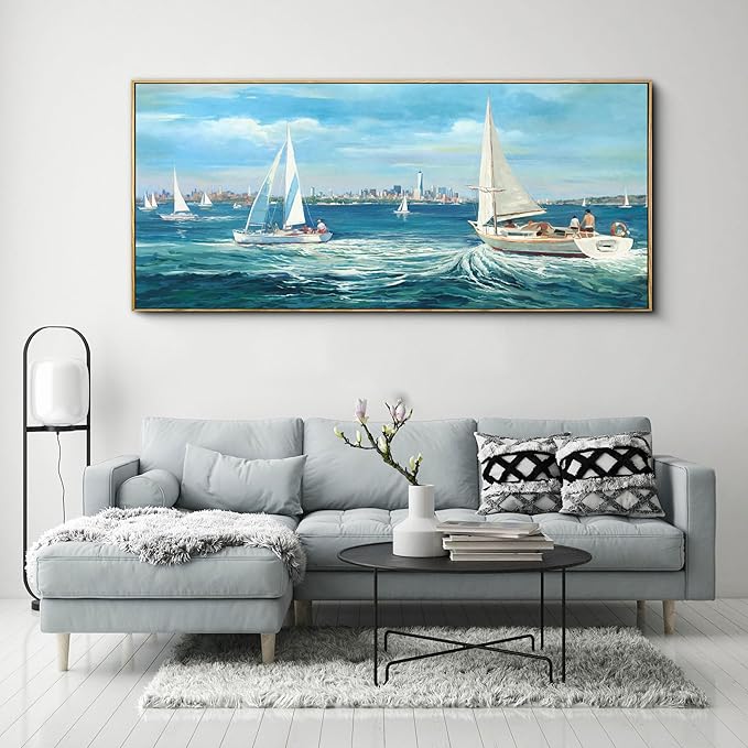 XLSJERST Large Blue Canvas Wall Art Seascape Painting - Landscape Picture Textured Navy Modern Sailboat Ocean Artwork Framed for Living Room Bedroom Bathroom Home Office Wall Decor Large Size 70"x31"-Ruum Studio Home