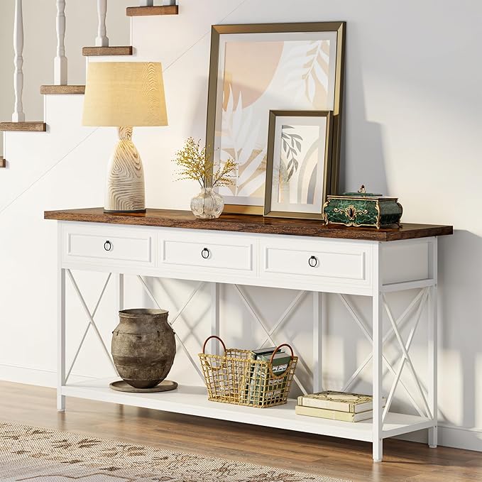 Tribesigns 70.8" Console Table with 3 Drawers, Farmhouse Entryway Table with Storage Shelf, Narrow Long Sofa Foyer Table for Entryway, Hallway (White/Brown)-Ruum Studio Home