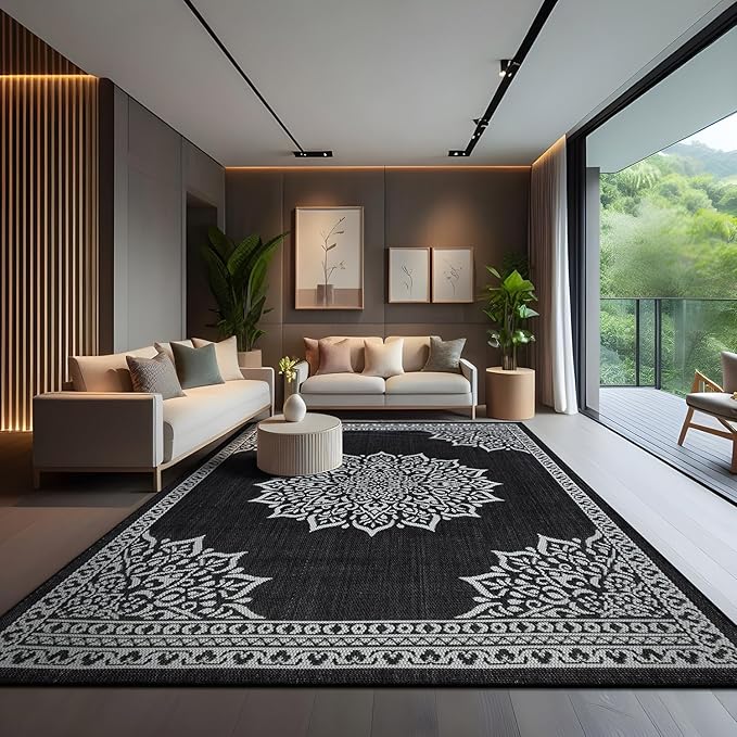 CAMILSON Indoor Outdoor Rug, 10x14 Medallion Black White Modern Area Rugs for Large Indoor and Outdoor Patios, Kitchen and Hallway Mats, Washable Porch Deck Outside Carpet (Medallion Black, 10 x 14)-Ruum Studio Home