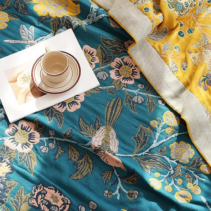 Boho Muslin Blanket for Adults 4-Layer Gauze Twin Size Soft Cozy 100% Cotton Summer Cooling Blanket Floral Decor for Sofa Bed Coverlet Both Sides (Flowr Branch Teal, Twin 60 x 80 in)-Ruum Studio Home