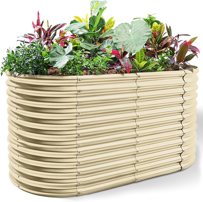 Land Guard 8x4x3ft Oval Galvanized Raised Garden Beds, Large-Capacity Metal Planter Box Outdoor, Durable Deep Raised Garden Bed 3ft Tall, Raised Beds for Gardening Vegetables, Cream Yellow-Ruum Studio Home