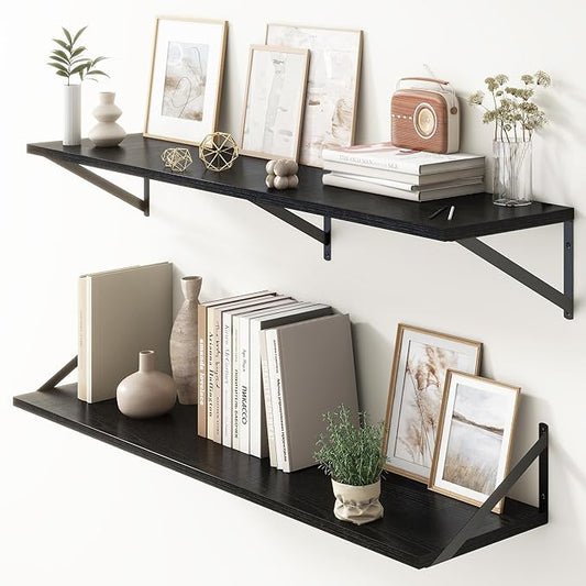 Floating Shelves 48 Inch Long, 10" Deep Floating Shelves, Black Wall Shelves 48 x 10, Set of 2, Wide Large Display Storage Shelves for Bathroom, Living Room, Rustic Wood Shelves with Brackets-Ruum Studio Home