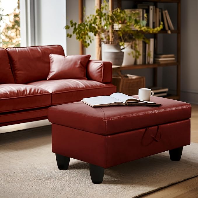 Ottoman Rectangular Storage Ottoman Bench, Faux Leather Footrest, Coffee Table, Stool Footstool with Hinged Lid for Living Room, Bedroom, Entryway, Red, 28.5"x19"x17.5"-Ruum Studio Home