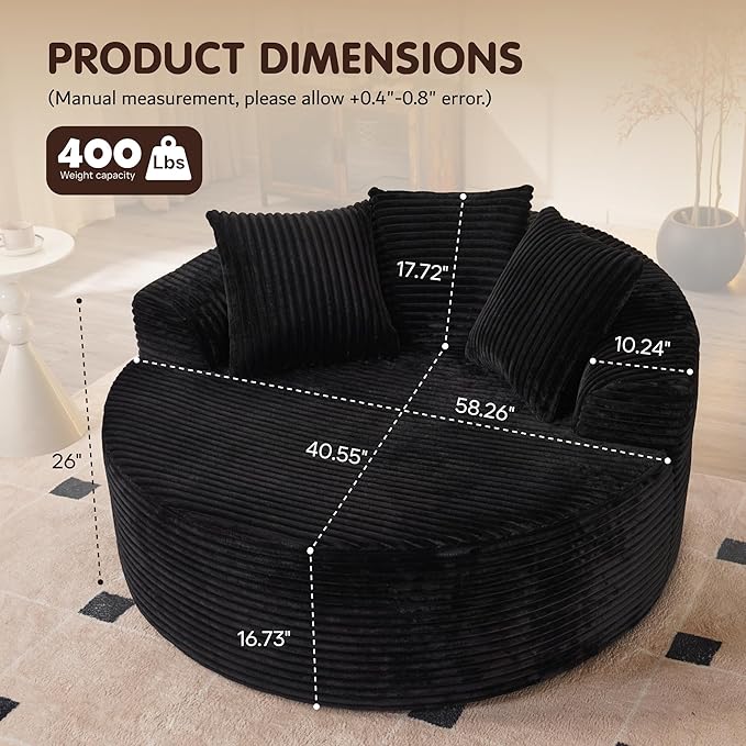 ovios 58" Oversized Round Chair Lounge Chaise Indoor, No Assembly Required, Cloud Large Circle Chair with Plush Fuax Fur, Fluffy Modern Sleeper Sofa Bed for Reading Yoga, Black (Plush Corduroy Fabric)-Ruum Studio Home