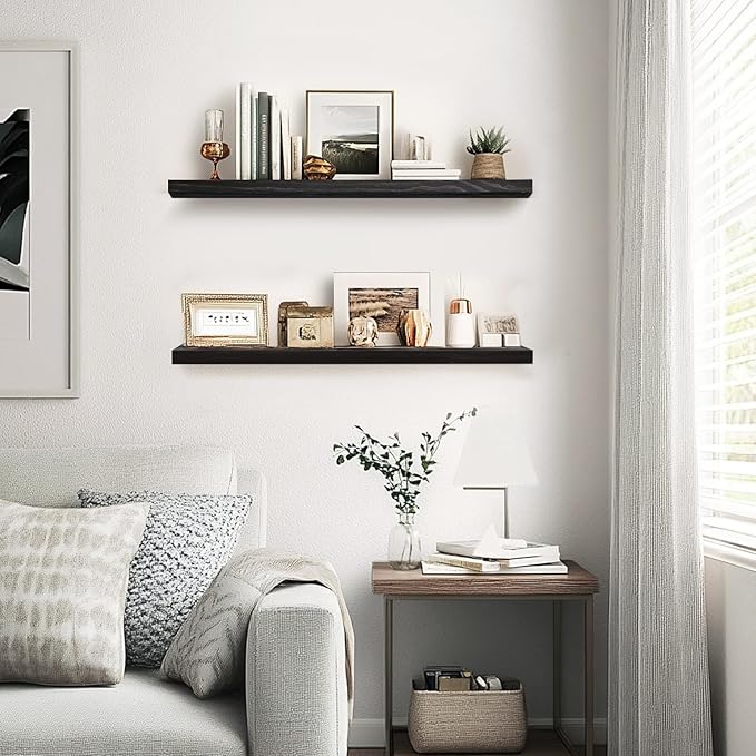 Floating Wall Shelves 2-Pack - 24-Inch Rustic Black Wooden Shelves for Storage and Décor, Easy Installation for Living Room, Bedroom, and Kitchen-Ruum Studio Home