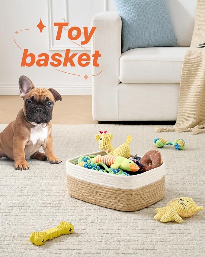 KALLAX Small Woven Basket, 13.5 x 9.5 x 5 Inches, Storage Basket for Organizing, Cute Small Rope Shelf Closet Cube Storage Bins Baskets for Shelves, Dog Toy Gift Baskets Empty, 3 Pack White & Brown-Ruum Studio Home