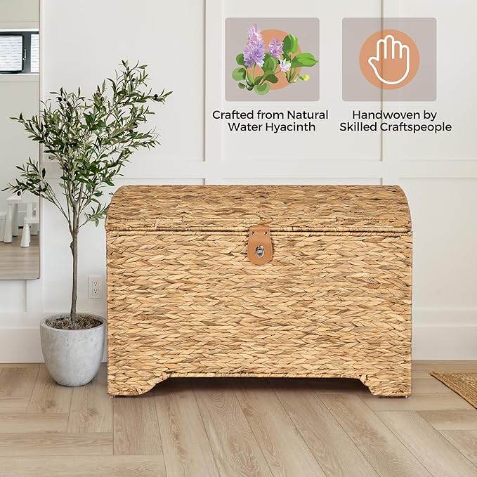 Handwoven Storage Basket with Lid, 178L Wicker Storage Bin, Natural Water Hyacinth, Leather Buckle & Metal Frame, Metal Ring Handles for Easy Transport, Storage Chest & Trunk for Bedroom, Living Room-Ruum Studio Home