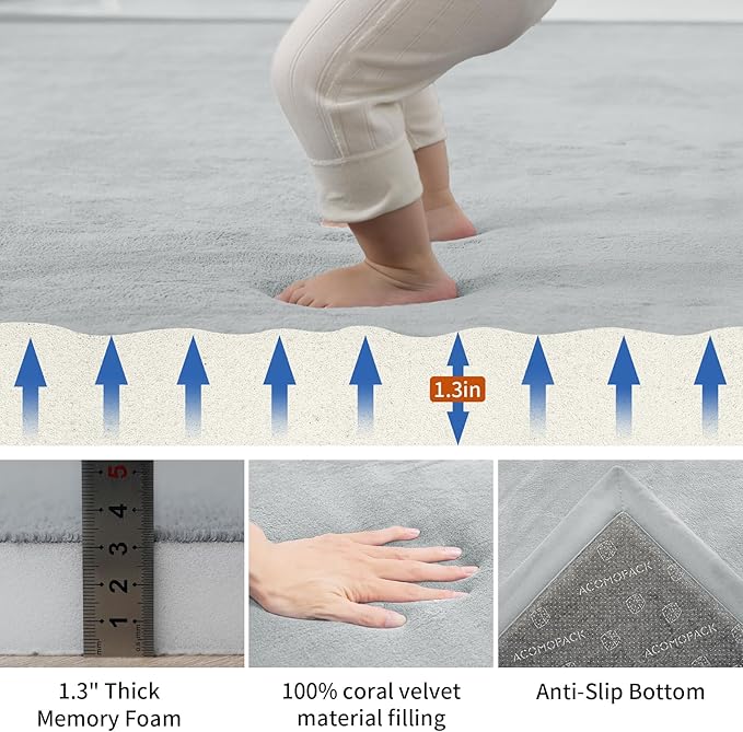 ACOMOPACK Baby Play Mat for Floor,1.3" Thick Memory Foam Area Rug for Living Room,Soft Velvet Crawling with Non-Slip Bottom for Kid,Toddler,79"×118" Tummy Time Nursery Rugs,Yoga（Light Grey）-Ruum Studio Home