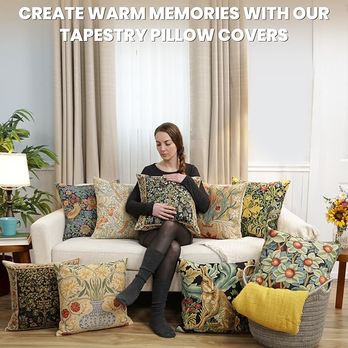 Charlotte Home Furnishings Throw Pillow Covers, Decorative Boho Pillow Cover for Couch, Living Room, Golden Lily Light Square Cushion Cases 18x18 in, European Cotton Jacquard Woven, Cozy Bedroom Decor-Ruum Studio Home