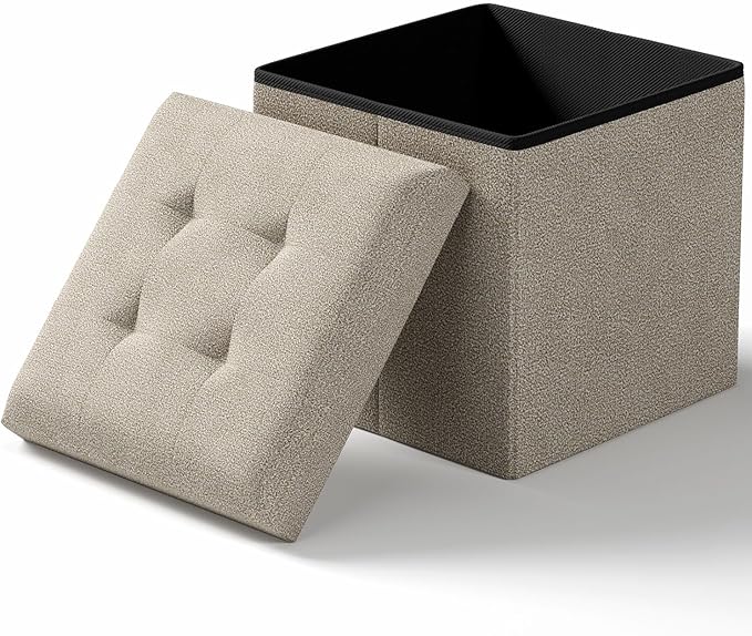15 Inches Small Folding Storage Ottoman Cube, Storage Footrest, Foot Rest Stool, for Living Room, Bedroom, Dorm, Hallway, Entryway, Sandy Beige-Ruum Studio Home