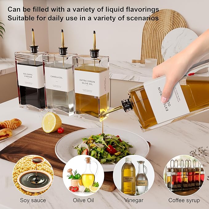 Olive Oil Dispenser for Kitchen, 16.9 oz/ 500 ml Olive Oil Dispenser Bottle, Glass Oil Bottles for Kitchen with 8 Stainless Steel Pourers, 40 Labels, 4 Pcs, Gold-Ruum Studio Home