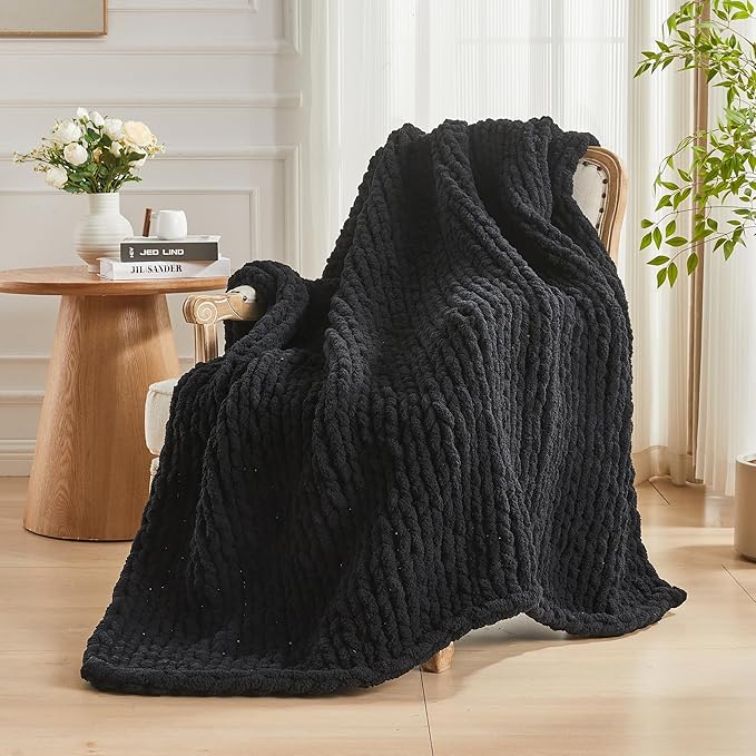 Carriediosa Chunky Knit Throw Blanket 60" X 80" Twin, 100% Hand Made Large Chenille Loop Yarn Soft Fluffy Throws for Couch Sofa Bed, Big Crochet Cozy Heavy Thick Cable Woven Blankets, Black-Ruum Studio Home