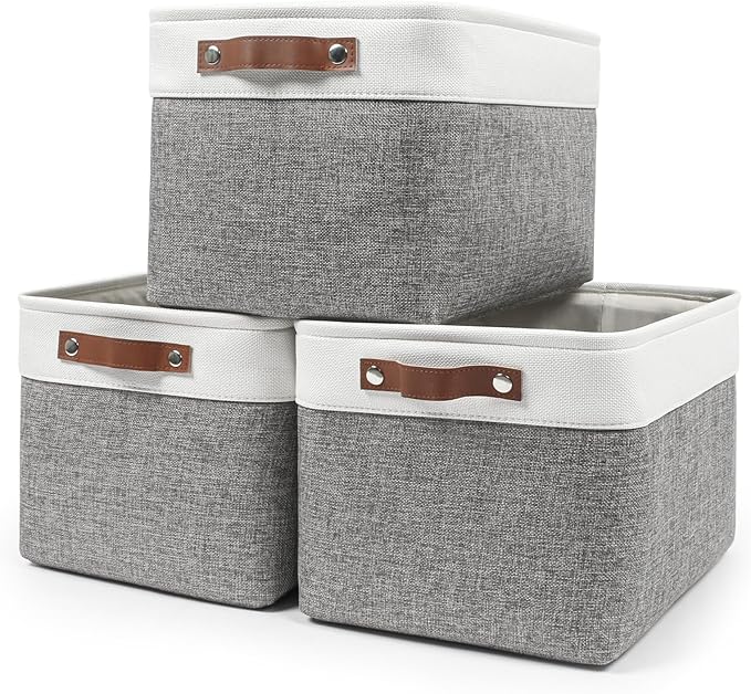 Storage Bins Large Fabric Storage Baskets for Shelves 3 Pack, Decorative Linen Closet Baskets with Handles for Organizing, Shelf, Clothes, Home, Office, 15x11x9.5Inches (Grey&White)-Ruum Studio Home