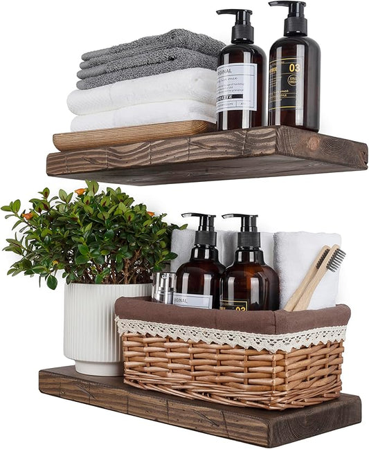 BGMG Floating Shelves 16 inch Long, Distressed,Wide Rustic Wooden Wall Shelves for Bathroom Living Room Bedroom Kitchen Farmhouse Set of 2-16x6.7x1.25 inch-Distressed Walnut-Ruum Studio Home
